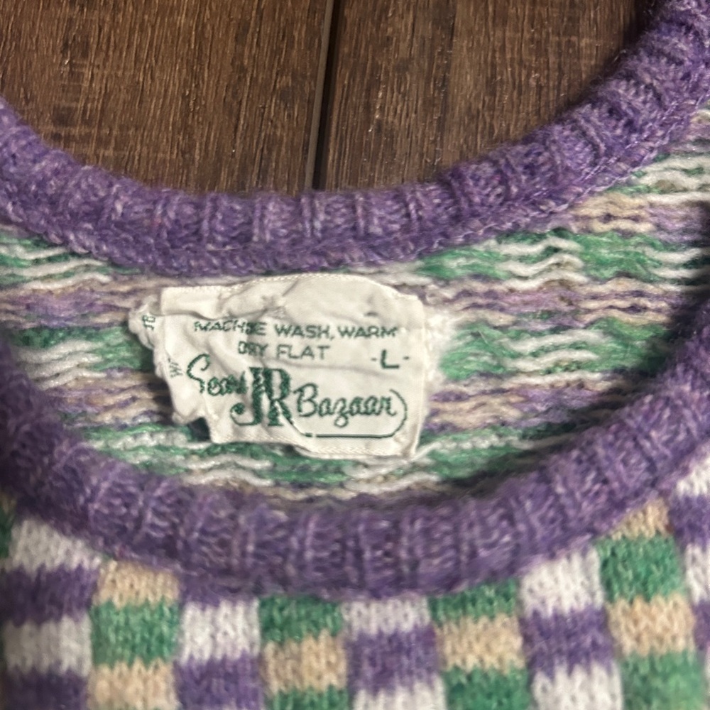 VTG 70s Sears Jr Bazaar Checkered Knit Tank Top Vest Purple Green Mod L - Picture 2 of 3